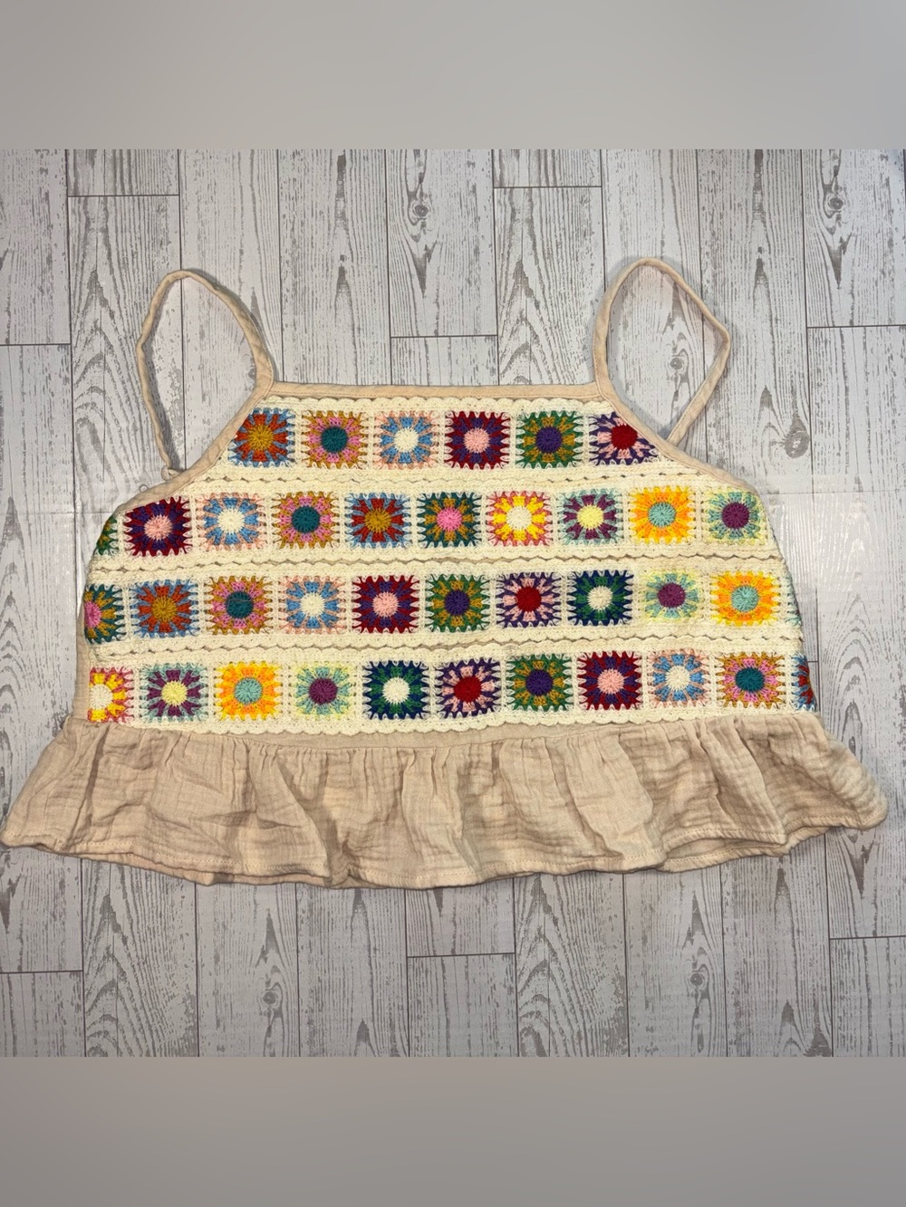 Crochet Granny Square Boho Cami Tank Top Ruffle Hem Size M